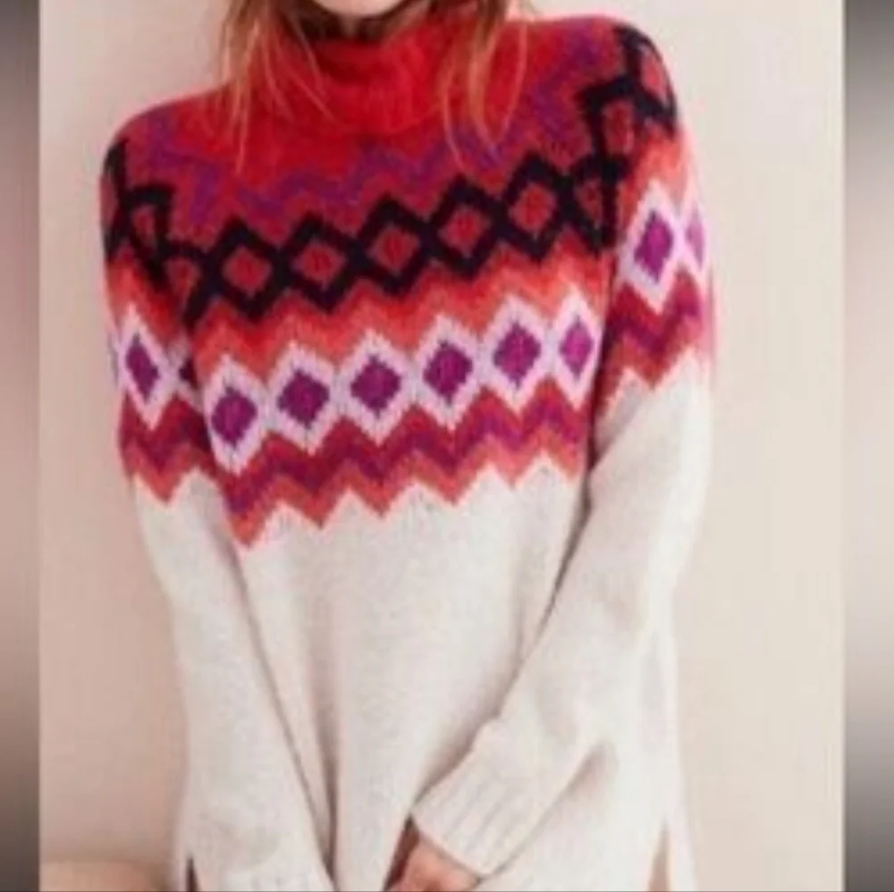 Aerie Vibrant Coral Fairisle‎ Patterned Oversized Turtleneck Sweater Large